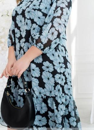 Платье женское миди шифоновое, батал, легкое, цветочное, в цветочный принт, черное - мятное2 фото