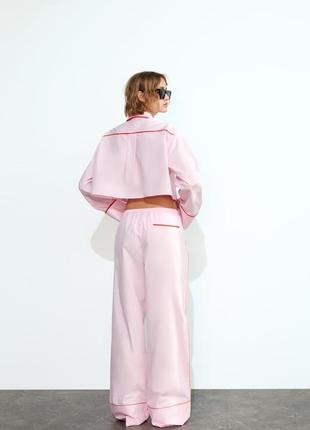 Костюм поплиновый розовый zara рубашка с окантовкой штаны в пижамном стиле2 фото