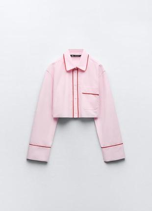 Костюм поплиновый розовый zara рубашка с окантовкой штаны в пижамном стиле6 фото