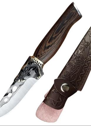 Походний ніж, ніж для полювання, рибацький ніж, ніж для кемпінга та природи, 22,5 см, нержавіюча сталь, коричневий2 фото
