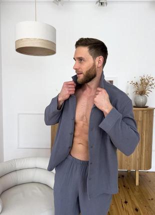 Домашний комплект мужская пижама муслиновая рубашка и штаны estet cosy серый5 фото