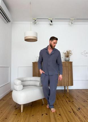 Домашний комплект мужская пижама муслиновая рубашка и штаны estet cosy серый2 фото