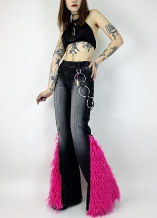 Джинсы кльош кастомные с мехом в стиле dollskill y2k1 фото