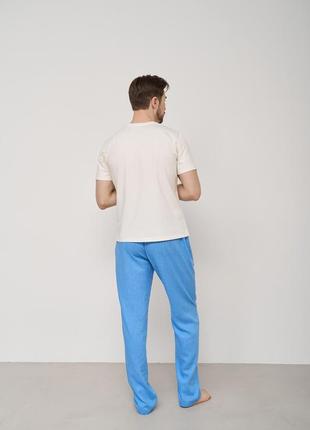 Пижама мужская футболка молочная + штаны лен голубые, s2 фото