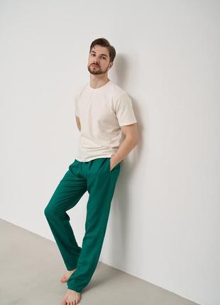 Пижама мужская футболка молочная + штаны лен зеленые, s7 фото