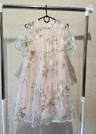 Шикарное платье с вышивкой / нежное платье розовое / пышное платье с вышивкой / пышное платье в цветочный принт / пудровое платье в цветочек5 фото