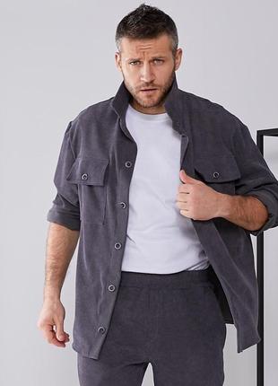 Діловий чоловічий вельветовий костюм трендовий комплект сорочка і брюки вільного крою3 фото