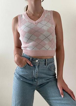 Жилетка вязаный хлопок hollister в клетку розово белая
