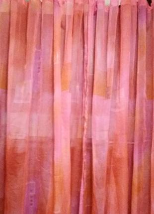 Тюль розового (каралового)  цвета, разноцветные квадратики3 фото