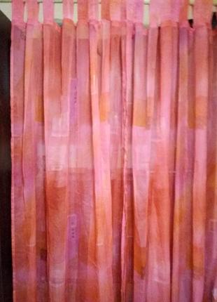 Тюль розового (каралового)  цвета, разноцветные квадратики6 фото