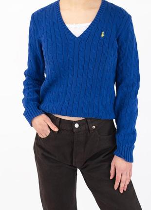 Синий вязаный свитер с v-образным вырезом ralph lauren sport