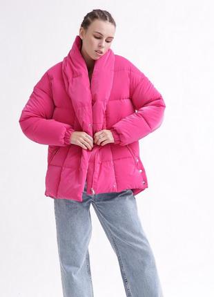 Куртка женская зимняя теплая, без капюшона, с поясом, плащевка  с бархатным напылением, малиновая5 фото