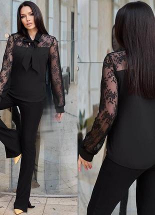 Женская черная качественная кружевная блуза, нарядная блузка кружево4 фото