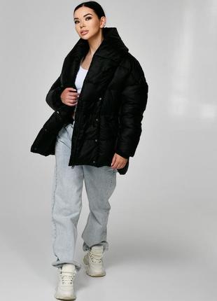 Куртка женская зимняя теплая, без капюшона, с поясом, плащевка бархатное напыление, черный в каплю2 фото