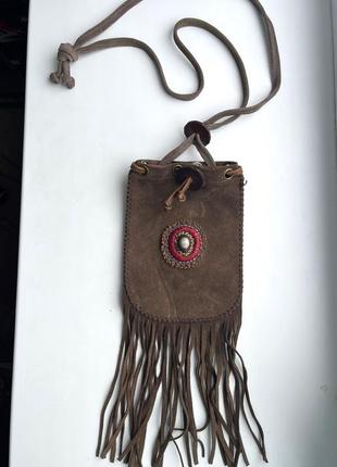 Ексклюзивна шкіряна сумка чехол з бахромою, шкіра, в стилі бохо етно вінтаж3 фото