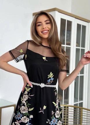 Платье нарядное шифон  миди с кружевом с вышивкой  вечернее цветочный принт