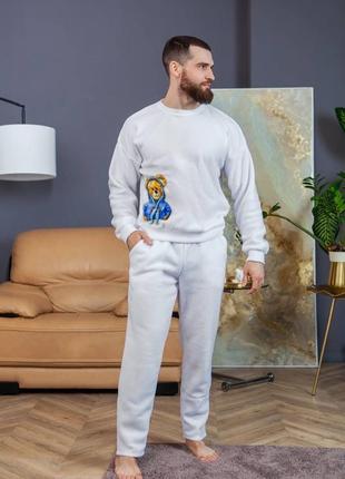 Тепла чоловіча піжама флісова з начосом домашній комплект світшот з мішкою і штани