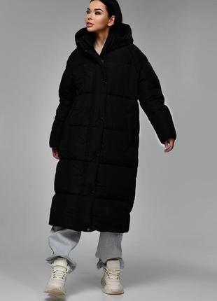Пуховик жіночий довгий, з капюшоном, куртка жіноча зимова тепла довга, чорна4 фото