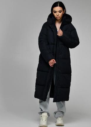 Пуховик жіночий довгий, з капюшоном, куртка жіноча зимова тепла довга, чорна2 фото