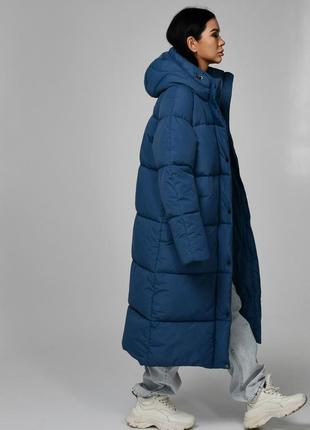 Пуховик жіночий довгий, з капюшоном, куртка жіноча зимова тепла довга, синій джинс5 фото