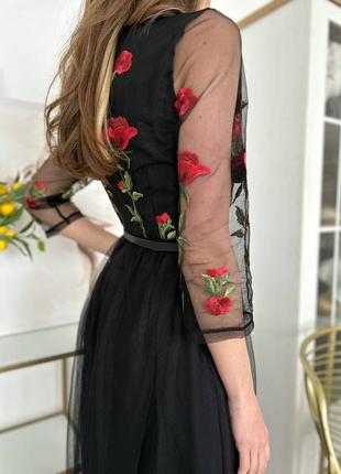 Платье нарядное шифон  миди с кружевом с вышивкой  вечернее цветочный принт розы маки4 фото