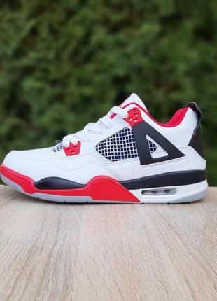 Мужские летние кожаные кроссовки nike air jordan 4 высокие белые с красным найм аэр джордан 42 фото