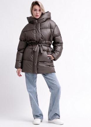 Пуховик жіночий, з капюшоном, куртка жіноча зимова тепла, коричнева, однотонний коричневий2 фото