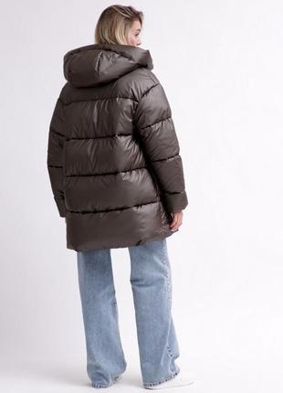 Пуховик жіночий, з капюшоном, куртка жіноча зимова тепла, коричнева, однотонний коричневий3 фото