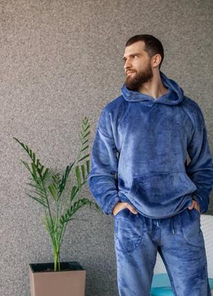 Теплая мужская пижама домашний махровый комплект худи и штаны свободного кроя мягкий