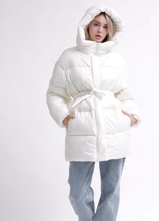 Пуховик женский, с капюшоном, куртка женская зимняя тёплая, молочная, однотонный, молочный2 фото