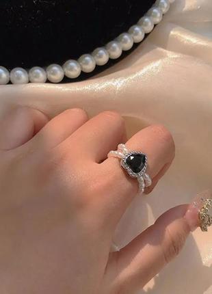 Тренд стильне кільце каблучка перли перлини намистини серце чорний кристал2 фото