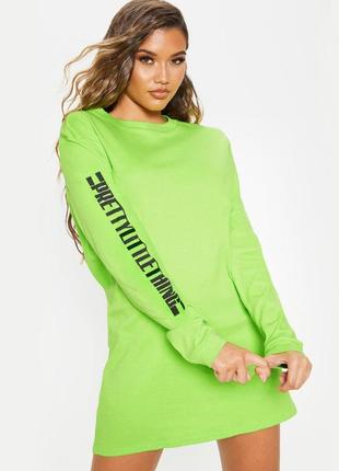 Неоново-зеленое платье-свитшот y2k prettylittlething неоновое салатовое зеленое платье свитшот 00-е