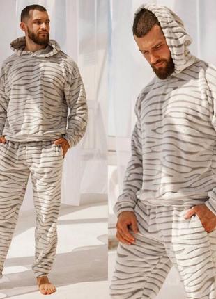 Теплая мужская плюшевая пижама домашний комплект худи и штаны качественный4 фото