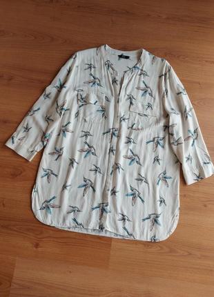Стильная блуза, блузка принт птички f&f, белая рубашка прямого кроя