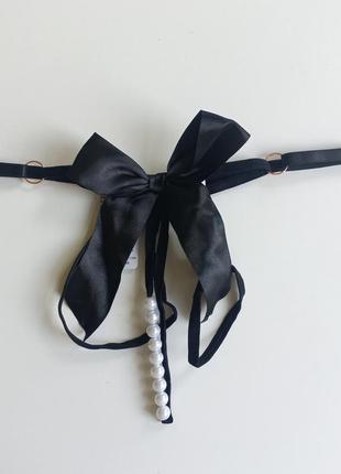 Чорні трусики стрінги з перлами еротична білизна черные стринги эротичное белье арт 11004 фото