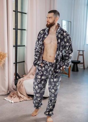 Мужская принтованная плюшевая пижама с лапками домашний теплый комплект кофта на молнии и штаны