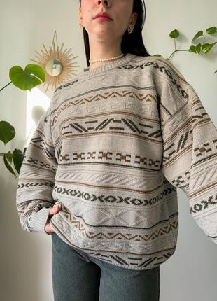 Винтажный красивый свитер шерстяной винтаж вязаный джемпер кофта в принт