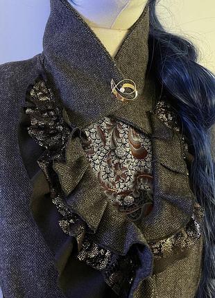 Винтажный теплый шерстяной с красивым воротничком рюшами эффектной спинкой в складку пиджак жакет блейзер кардиган из шерсти бохо стиль3 фото