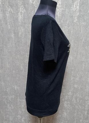 Футболка,блуза черная льняная 100% лен с принтом ,стразы ,летняя ,легкая .5 фото