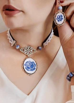 Ніжно блакитні білі сережки з агатом для нареченої українські прикраси до вишиванки2 фото