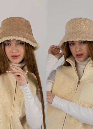 Модний тренд! мегакрутезна стильна панама тедді бежева двостороння меховая женская шапка новая хутро2 фото