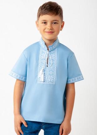 Синяя вышиванка с коротким рукавом, синяя вышиванка для мальчика, вышитая рубашка для мальчика7 фото