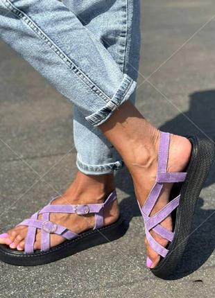 Босоножки замшевые фиолетовые, стильные удобные летние сандалии размер 36-413 фото