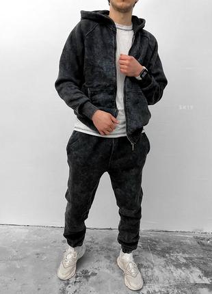 Чорний виварений спортивний костюм чоловічий на блискавці