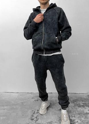 Чорний виварений спортивний костюм чоловічий на блискавці