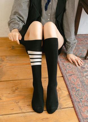 Носки длинные черные с полосками 3355 по колено гольфы хлопковые различные плотные качественные носки10 фото