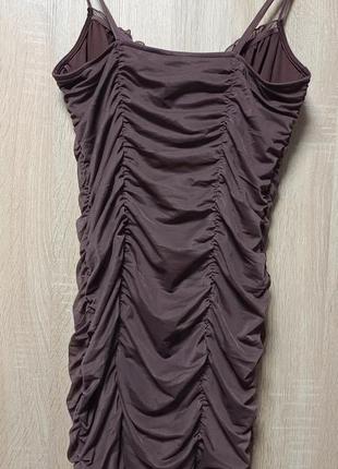 Вишукана сукня сітка з драпіруванням кольору какао,зборки, на тонких бретелях р 444 фото