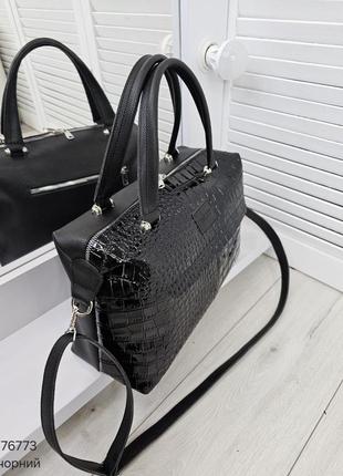 Жіноча стильна та якісна сумка з еко шкіри на 2 відділи чорна рептилія7 фото