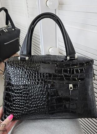 Жіноча стильна та якісна сумка з еко шкіри на 2 відділи чорна рептилія4 фото