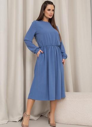 Голубое классическое платье с длинными рукавами2 фото